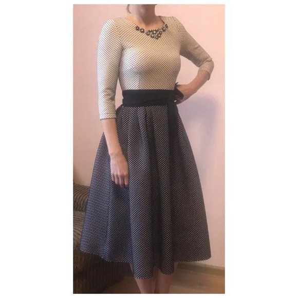 PHARDI Polka Dot Fit & Flare Polka Dot Midi Dress Black White sz 36/S/4 - Picture 2 of 10